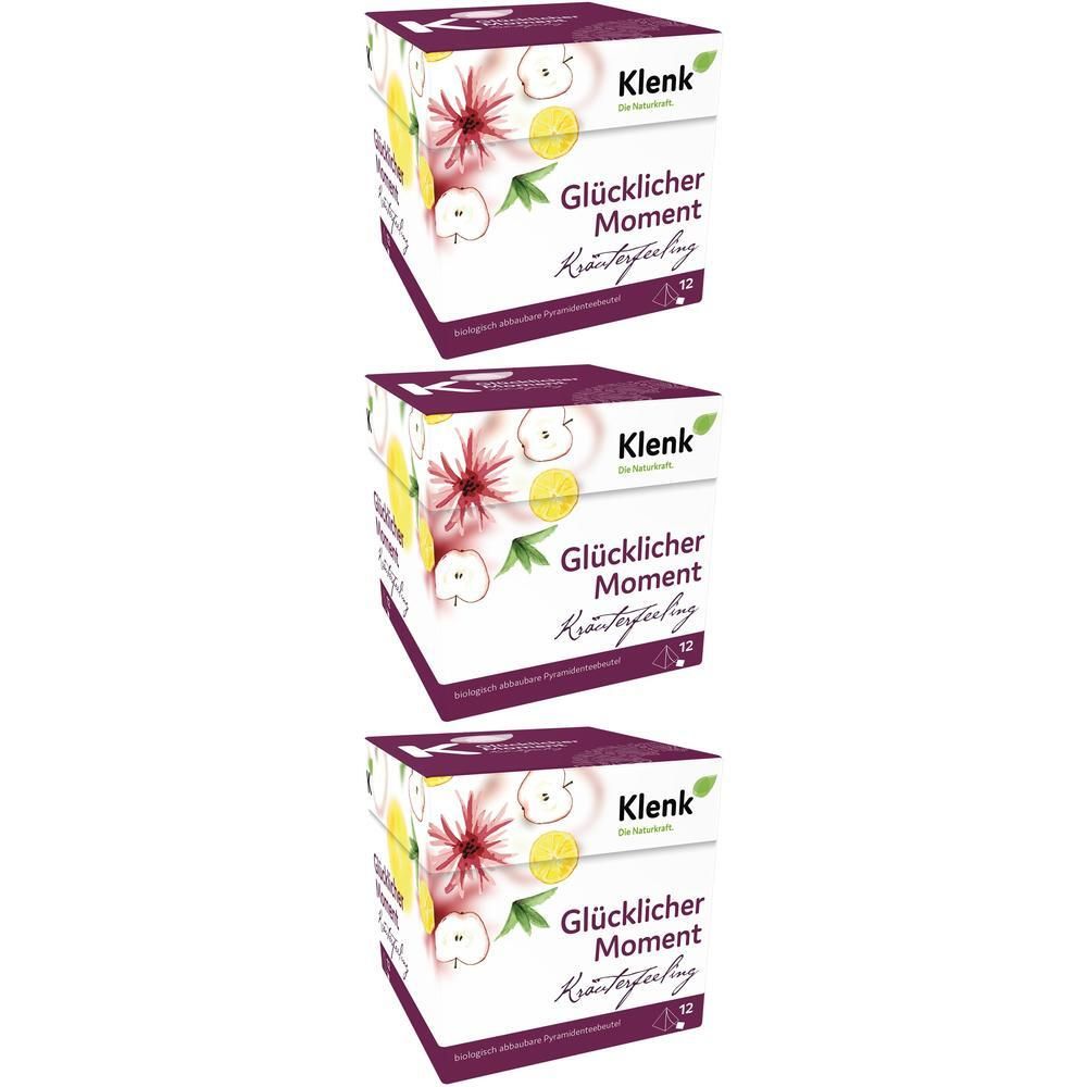 Drei Klenk Glücklicher Moment Kräutertee-Packungen mit Apfel- und Zitronenabbildungen.