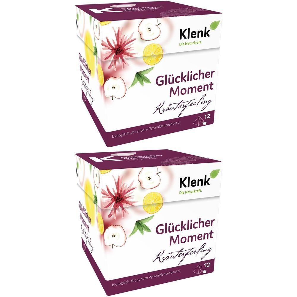 Zwei Packungen Klenk Glücklicher Moment Kräutertee, 12 Pyramidenbeutel pro Packung.