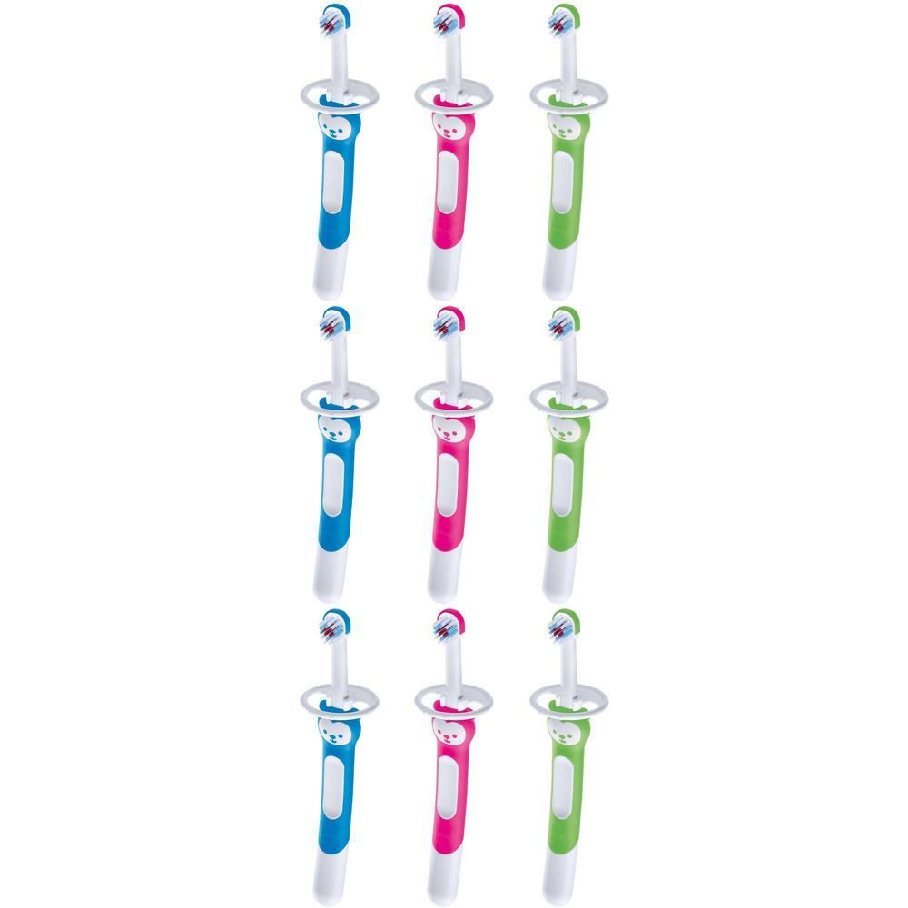 Drei blaue, drei pinke und drei grüne Zahnbürsten mit Schutzring und weichen Borsten.