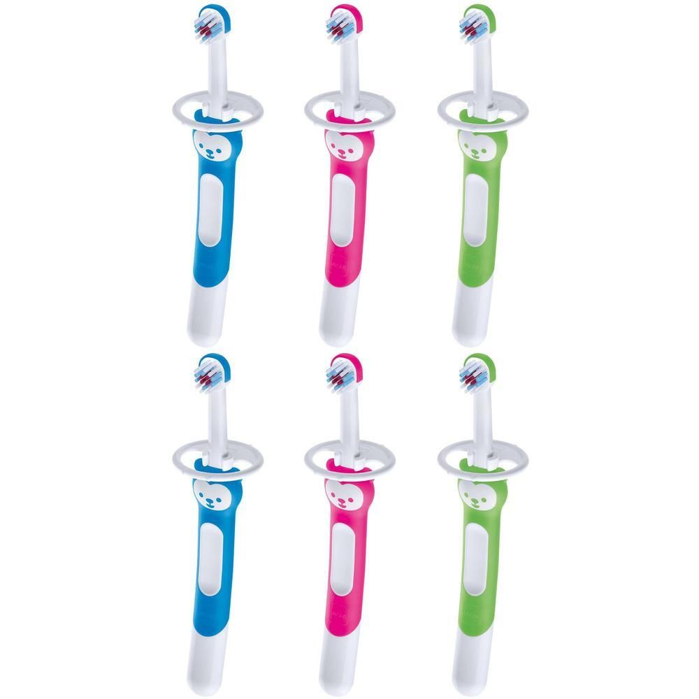 Sechs MAM Trainingszahnbürsten in Blau, Pink und Grün mit Schutzring und Tiergesicht.