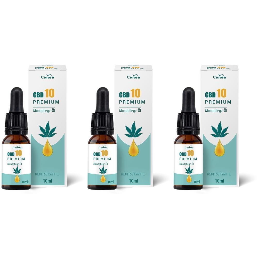 Drei Flaschen CBD 10% Premium Mundpflege-Öl mit Pipetten und Kartons. Jede Flasche enthält 10ml.