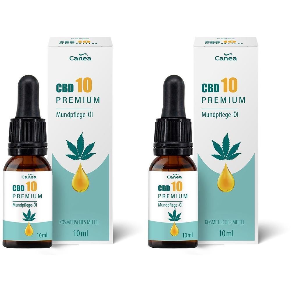 Zwei Flaschen CBD 10 Premium Mundpflege-Öl von Canea, je 10ml, mit Pipettenverschluss und Kartonverpackung.