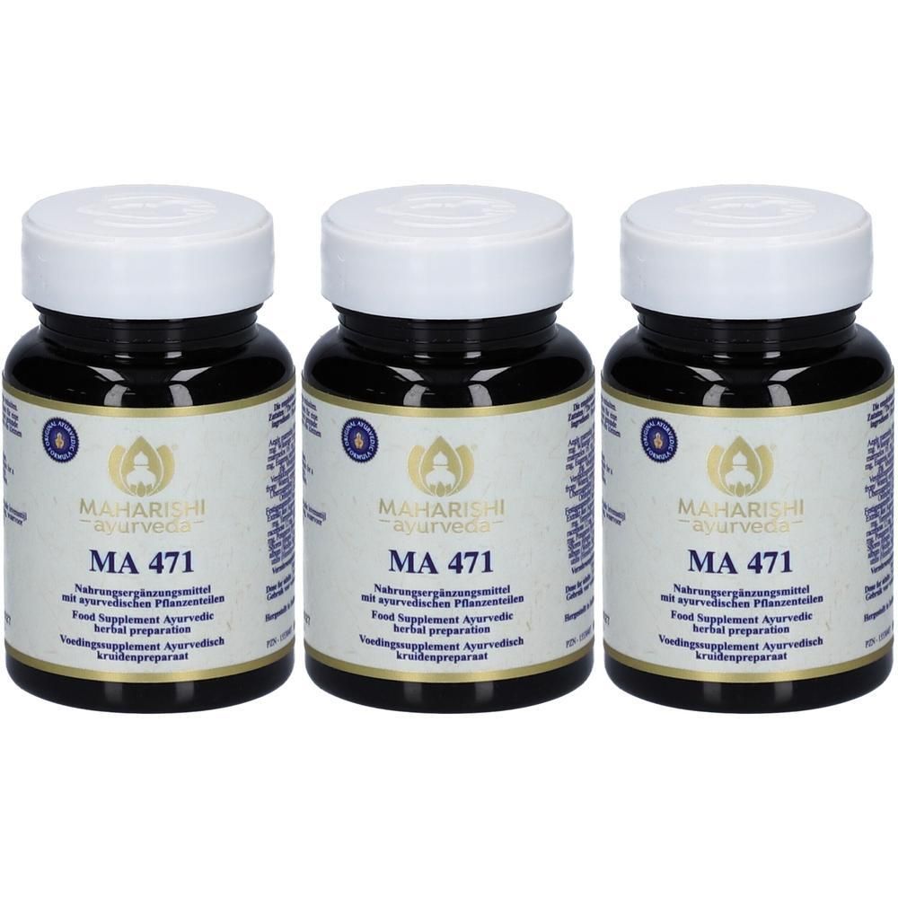 Drei Flaschen Maharishi Ayurveda MA 471 mit weißen Schraubverschlüssen und Etiketten.