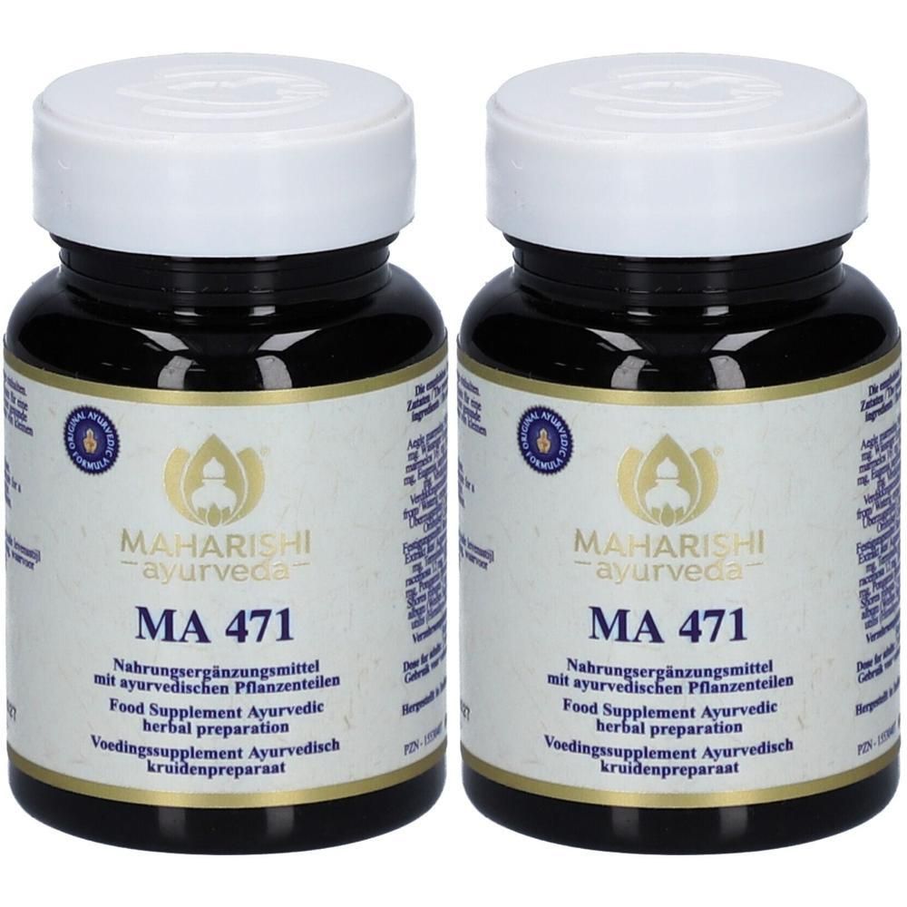 Zwei dunkle Behälter mit weißen Deckeln, Maharishi Ayurveda MA 471 Aufschrift.