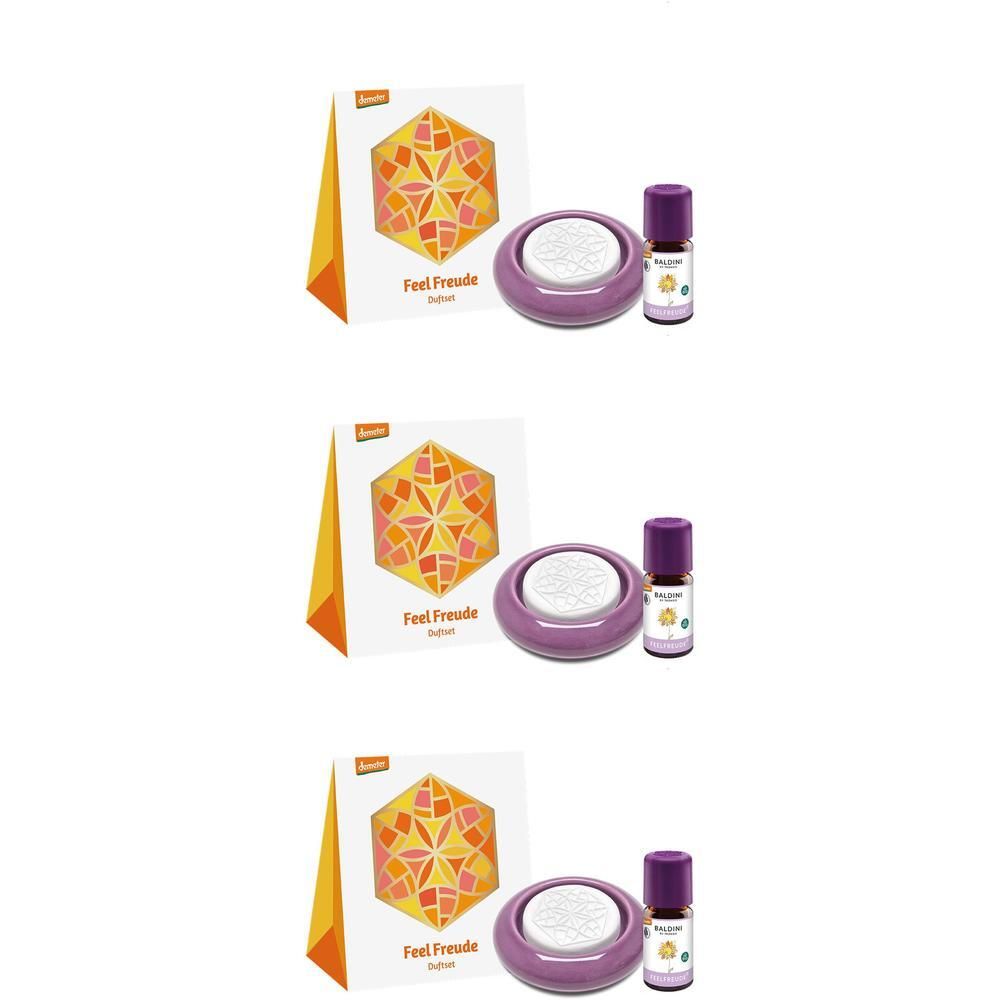 Duftset mit lila Diffusor, weißem Einsatz und kleiner Flasche ätherisches Öl.