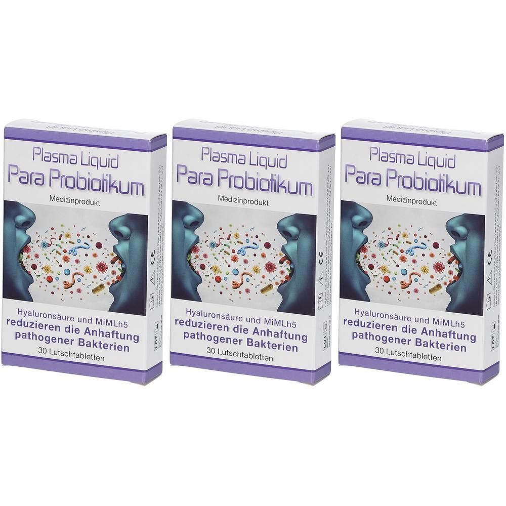 Drei Packungen Plasma Liquid Para Probiotikum, Medizinprodukt mit 30 Lutschtabletten.