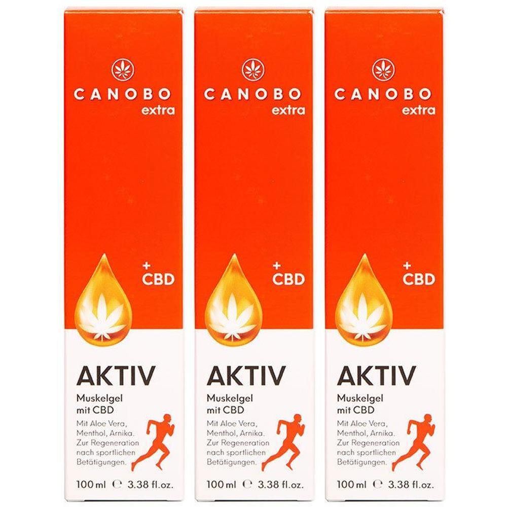 Drei Packungen CANOBO extra AKTIV Muskelgel mit CBD, 100ml.
