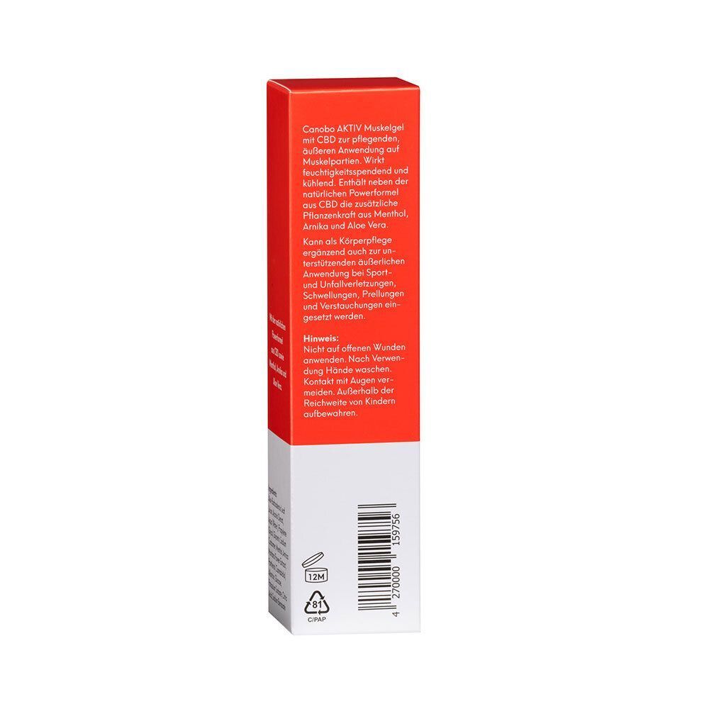 Rückseite einer Packung CANOBO extra AKTIV Muskelgel mit CBD. Enthält Anwendungshinweise.