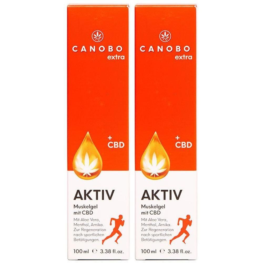 Zwei Packungen CANOBO extra AKTIV Muskelgel mit CBD. Orangefarbene Verpackung mit CBD-Tropfen-Symbol und Läufer-Grafik.