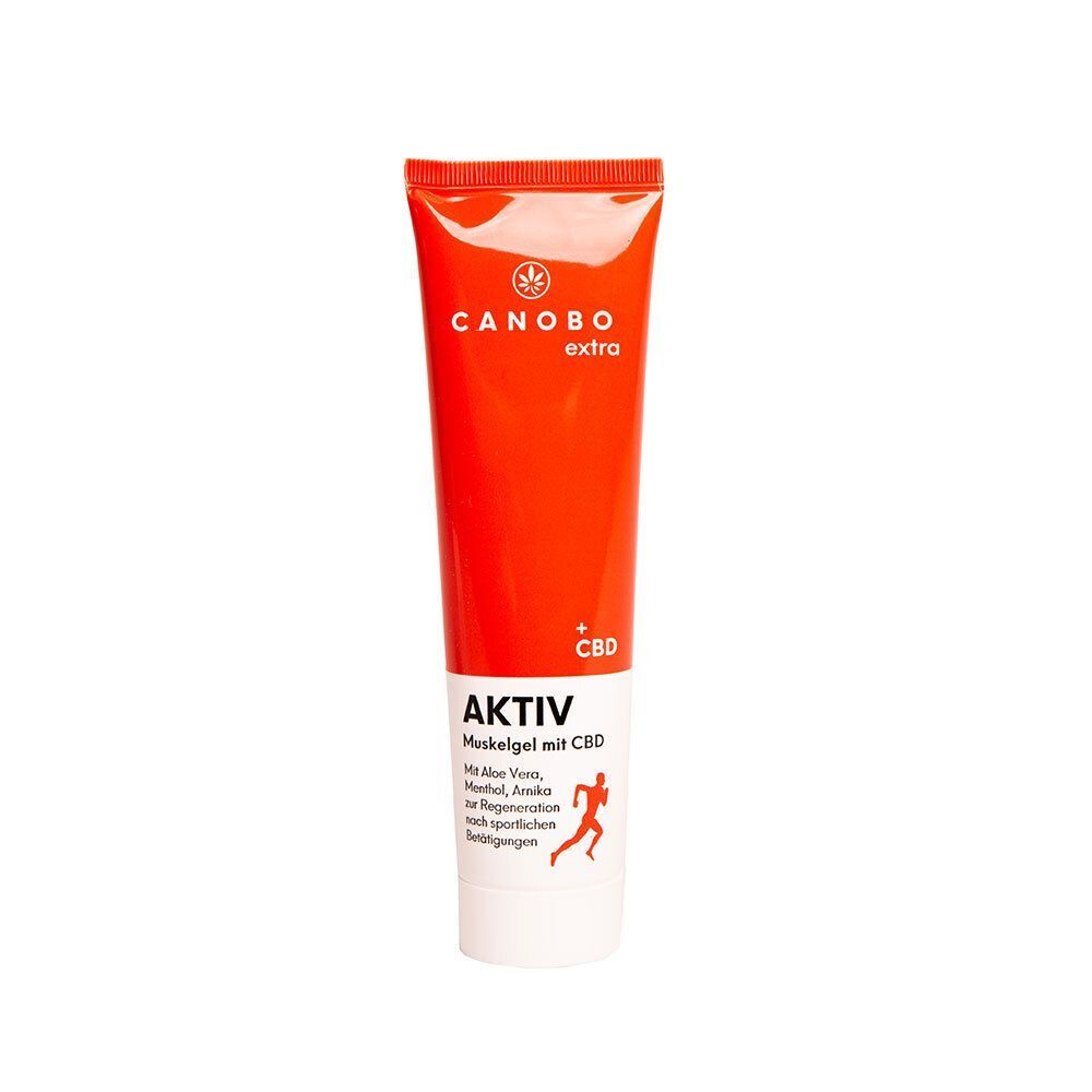 Tube CANOBO extra AKTIV Muskelgel mit CBD. Orangefarbene Tube mit weißem Verschluss und Produktinformationen.