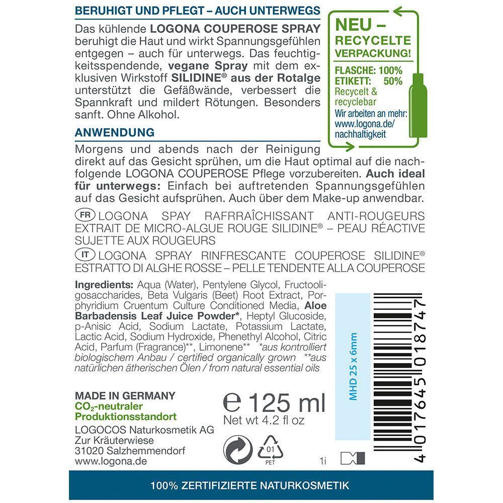 Rückseite einer Flasche LOGONA Naturkosmetik Kühlendes Couperose Spray mit Produktinformationen und Inhaltsstoffen.