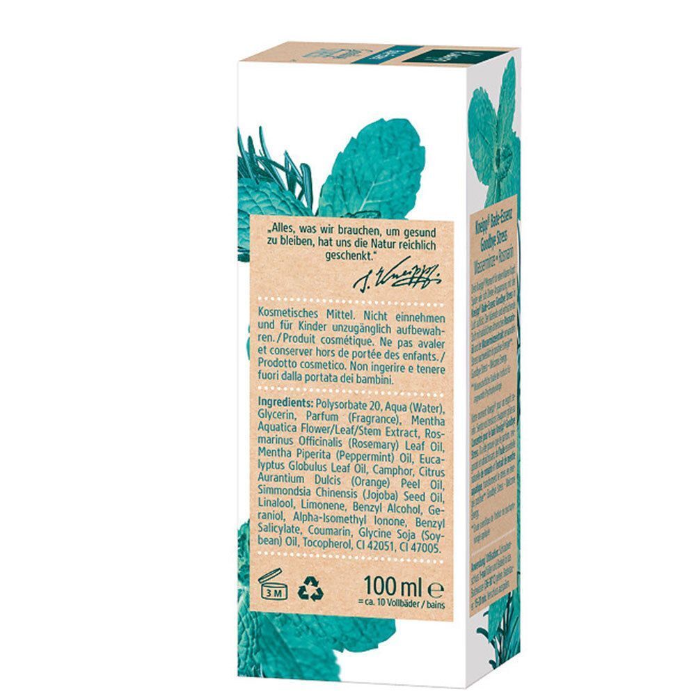 Seitenansicht einer Schachtel Kneipp Bade-Essenz Goodbye Stress mit Inhaltsstoffen und 100ml Angabe.