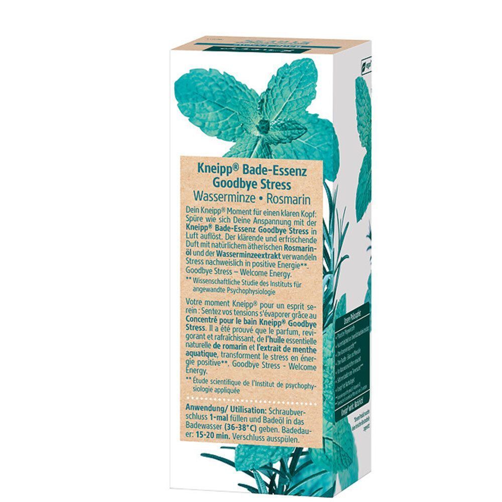 Seitenansicht einer Schachtel Kneipp Bade-Essenz Goodbye Stress mit Anwendungshinweisen und Produktbeschreibung.