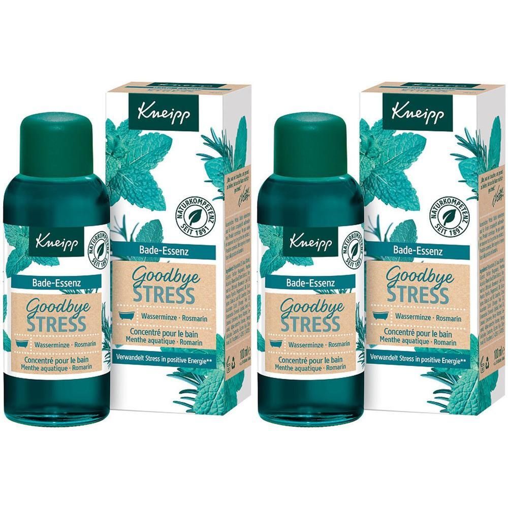 Zwei Flaschen Kneipp Bade-Essenz Goodbye Stress mit Schachteln, Minze und Rosmarin.
