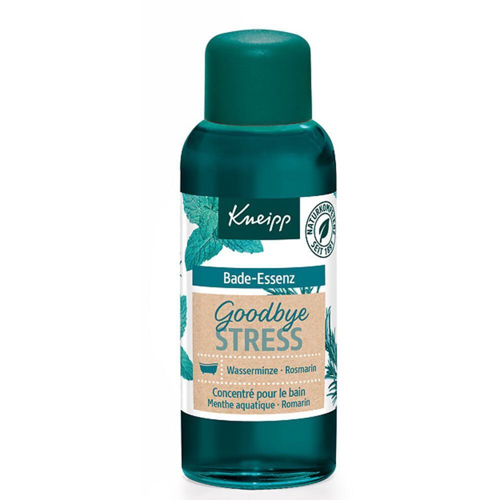 Flasche Kneipp Bade-Essenz Goodbye Stress mit Etikett, Minze und Rosmarin-Motiv.