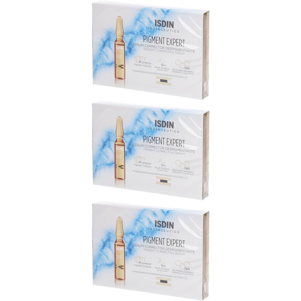 Drei Packungen ISDINCEUTICS PIGMENT EXPERT mit je einer Ampulle.