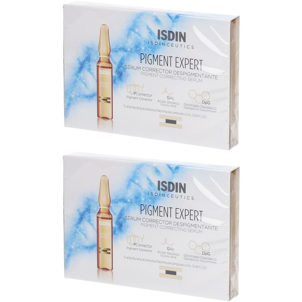 Zwei Schachteln ISDINCEUTICS PIGMENT EXPERT Serum mit je einer Ampulle. Klare Ampulle mit goldbrauner Flüssigkeit.
