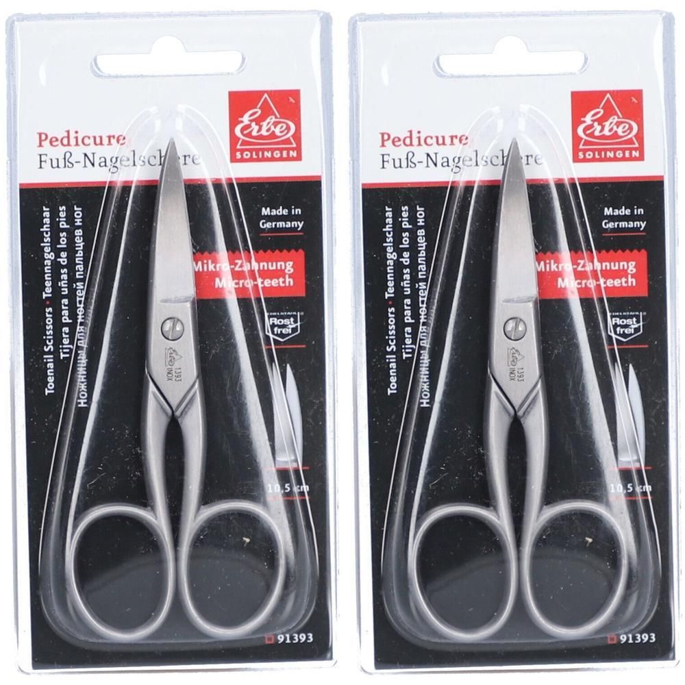 Zwei Paar Erbe Fuß-Nagelscheren mit Mikrozahnung in Blisterverpackung. Hergestellt in Deutschland.