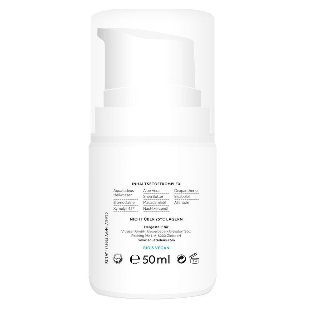 Weiße Pumpflasche Handcreme AQUATADEUS soft hands, Rückseite mit Inhaltsstoffen und 50ml Angabe.