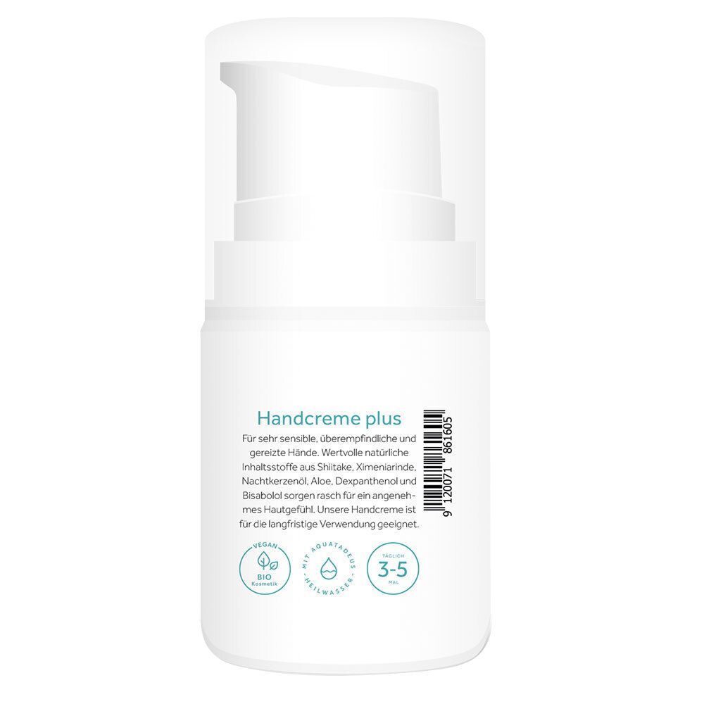 Weiße Pumpflasche Handcreme AQUATADEUS soft hands, Rückseite mit Anwendungshinweisen und Siegeln.