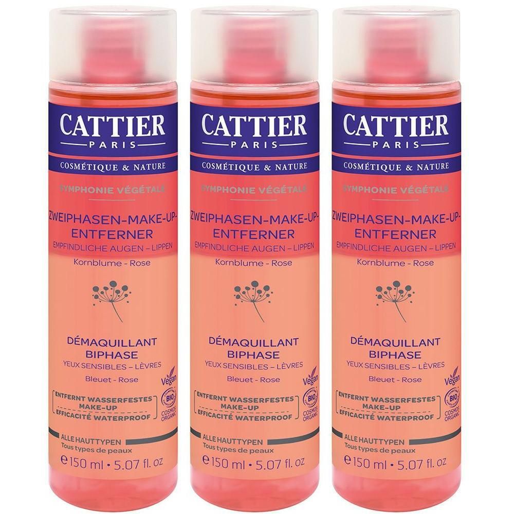 Drei Flaschen Cattier Zweiphasen-Make-up-Entferner, 150 ml.