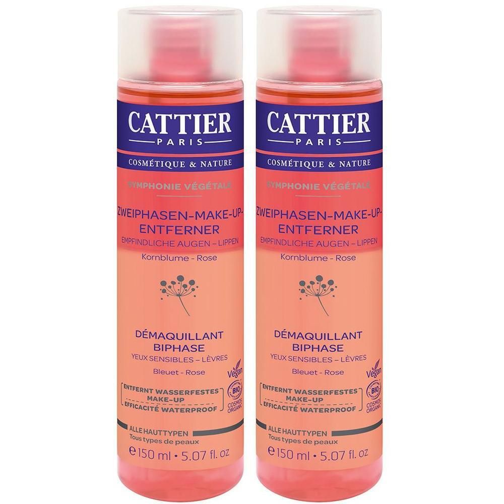 Zwei Flaschen Cattier Zweiphasen-Make-up-Entferner, 150 ml. Für Augen und Lippen.