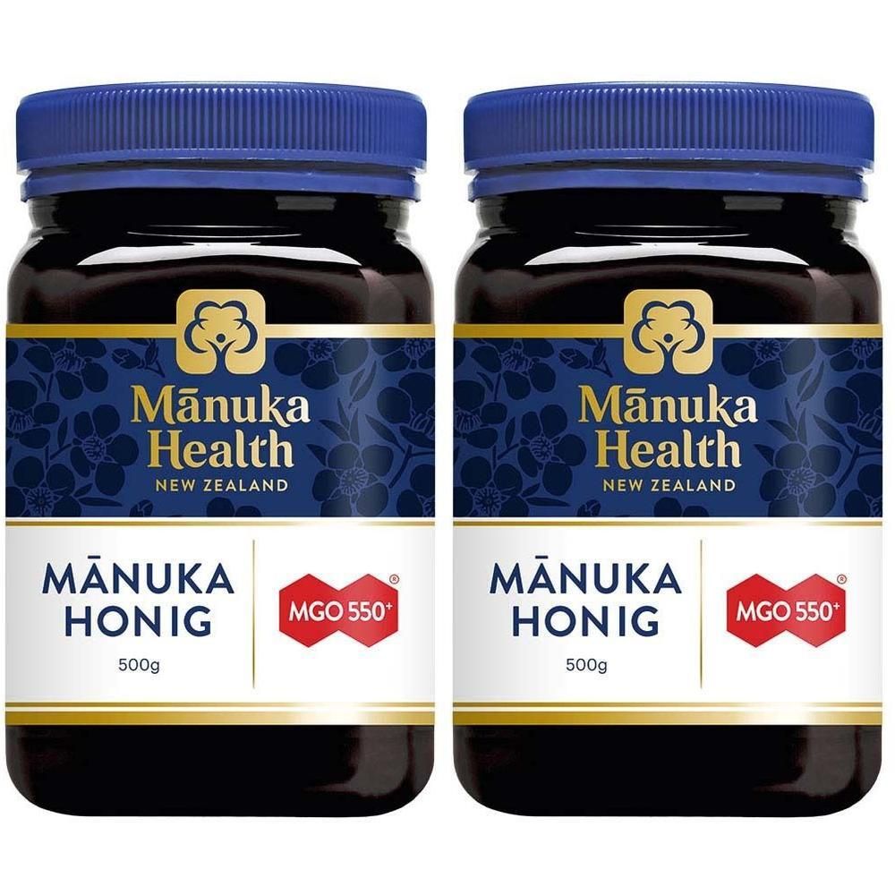Zwei Gläser Manuka Honig MGO 550+ von Manuka Health, je 500g.