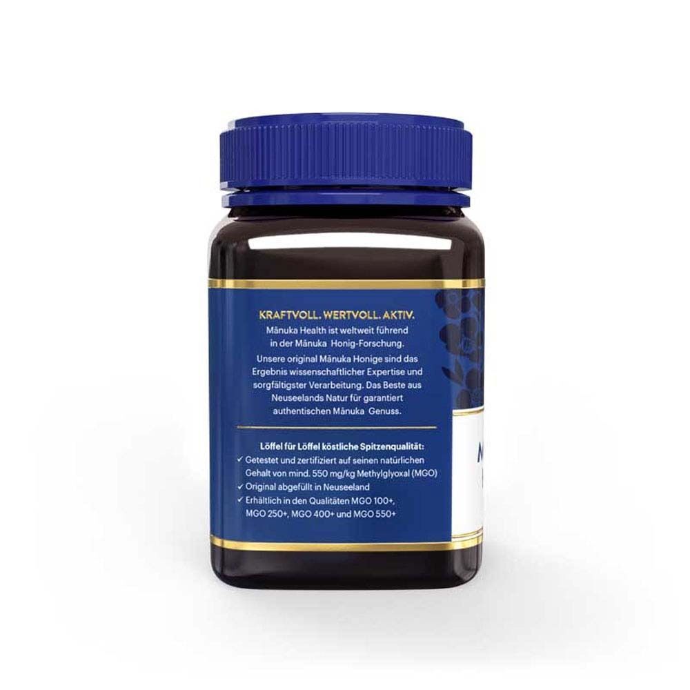 Rückseite eines Glases Manuka Honig MGO 550+ mit Produktinformationen.