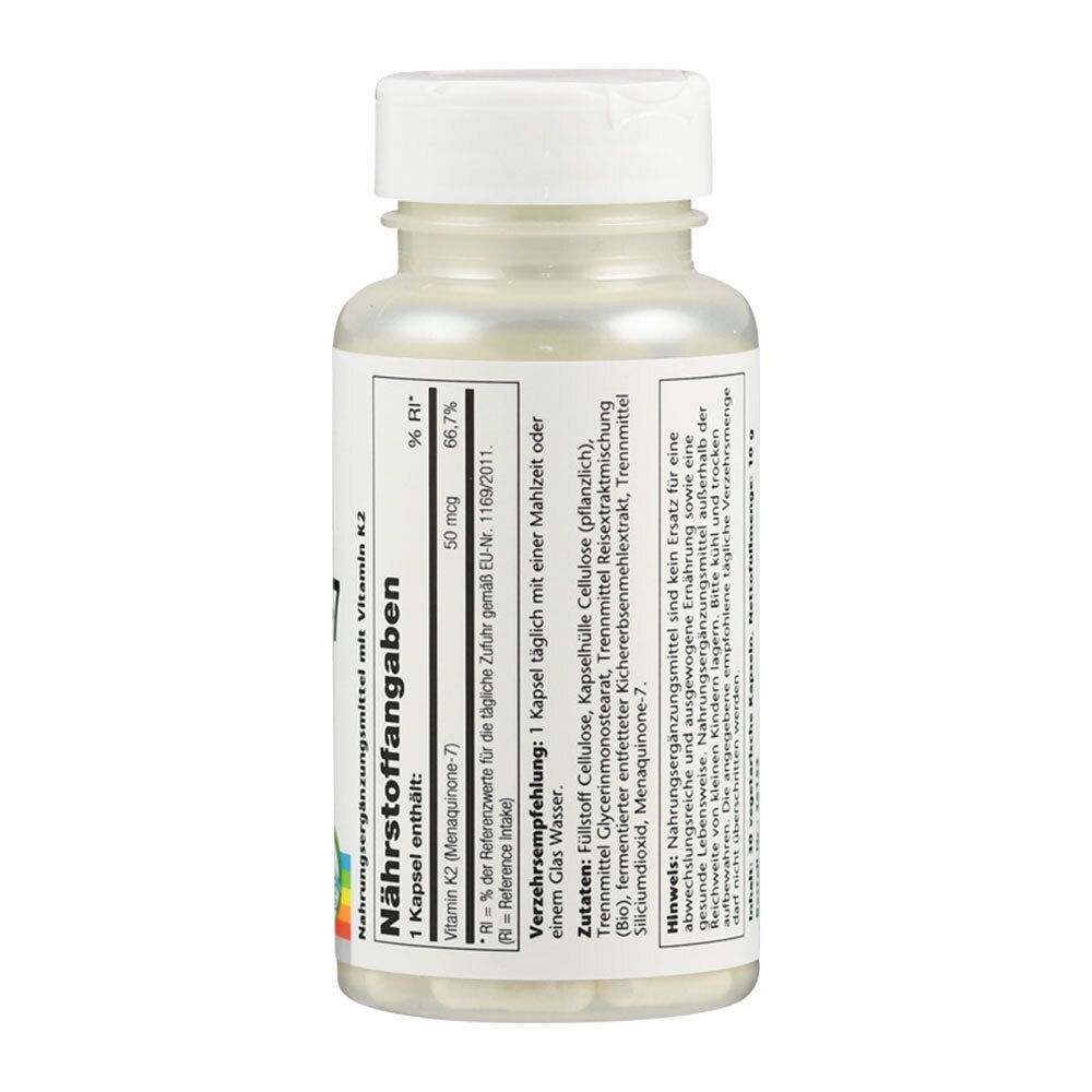 Rückseite einer Flasche SOLARAY Vitamin K-2 Menaquinon-7, 50 mcg, mit Nährwertangaben und Zutaten.