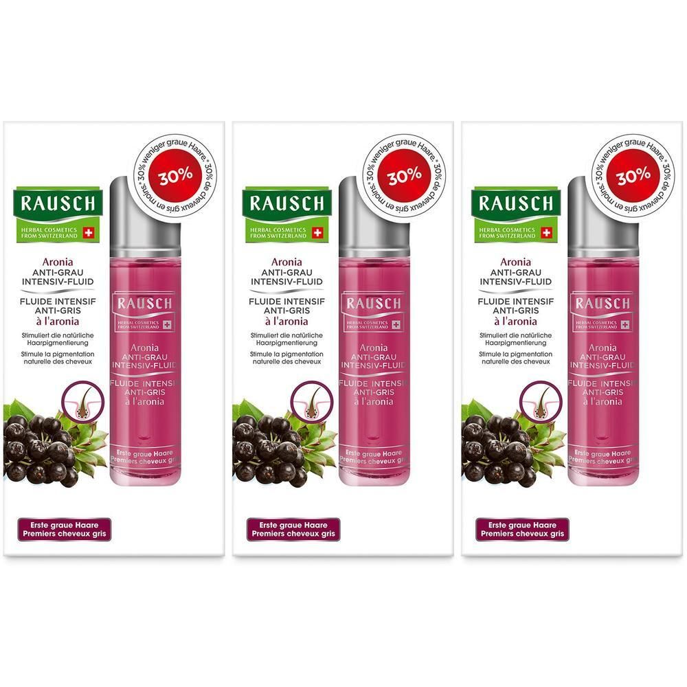 Drei RAUSCH Aronia Anti-Grau Intensiv-Fluid Flaschen mit 30% Rabatt Aufkleber. Aroniabeeren und ein Haaransatz sind abgebildet.