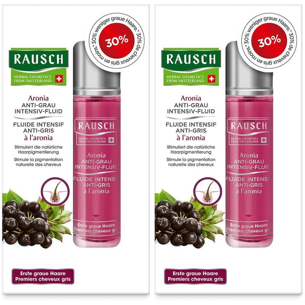 Zwei Flaschen RAUSCH Aronia Anti-Grau Intensiv-Fluid mit Aroniabeeren und einem Hinweis auf 30% weniger graue Haare.