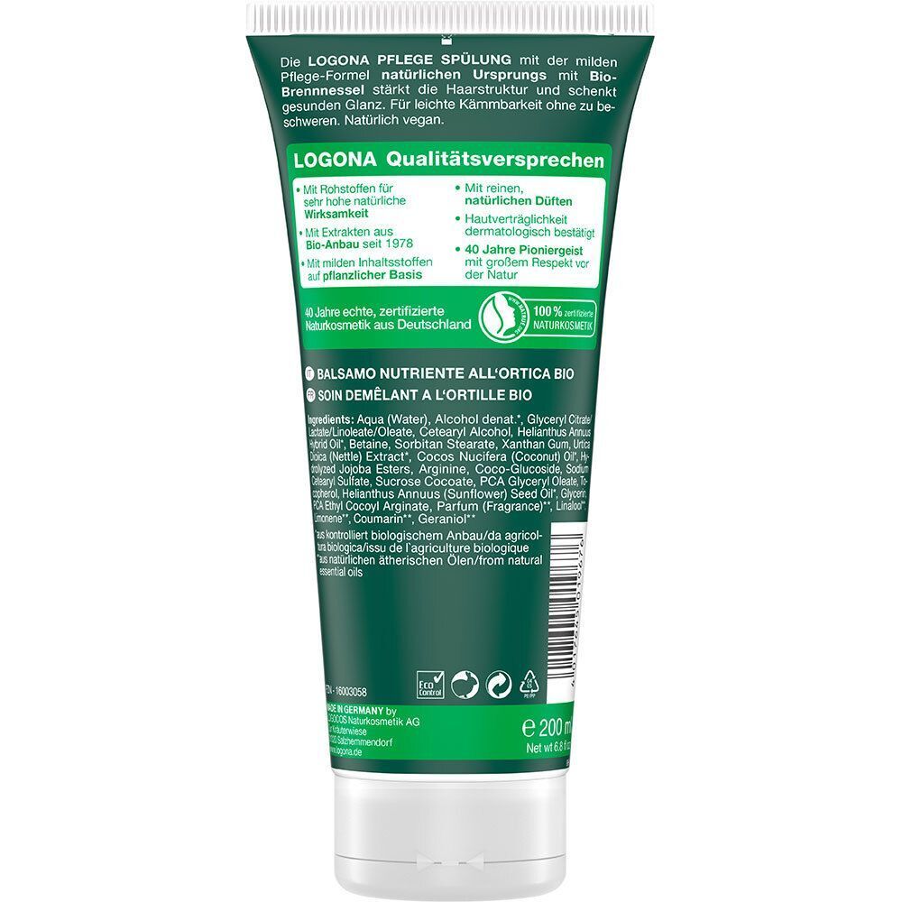 Rückseite einer grünen Tube LOGONA Pflege Spülung Bio Brennnessel mit Produktinformationen und Siegeln.