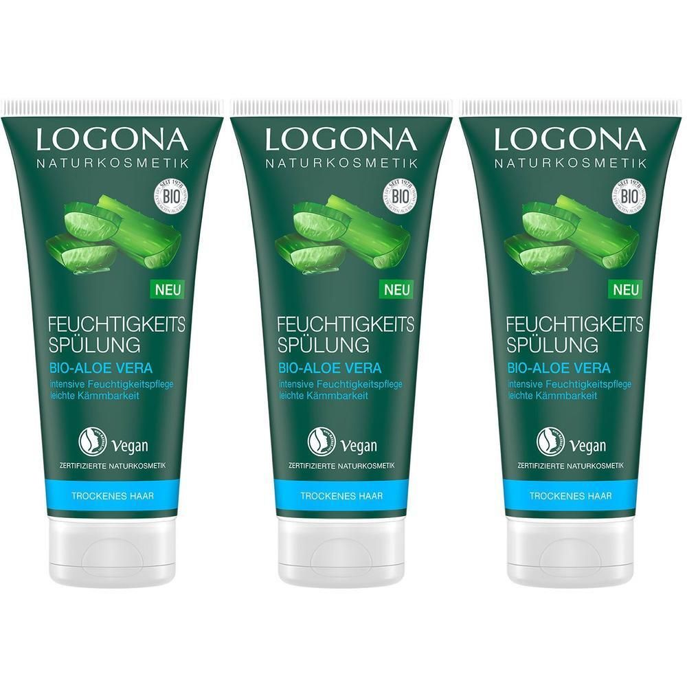Drei Tuben LOGONA Feuchtigkeitsspülung Bio-Aloe Vera mit Aloe-Vera-Abbildung und Siegeln.