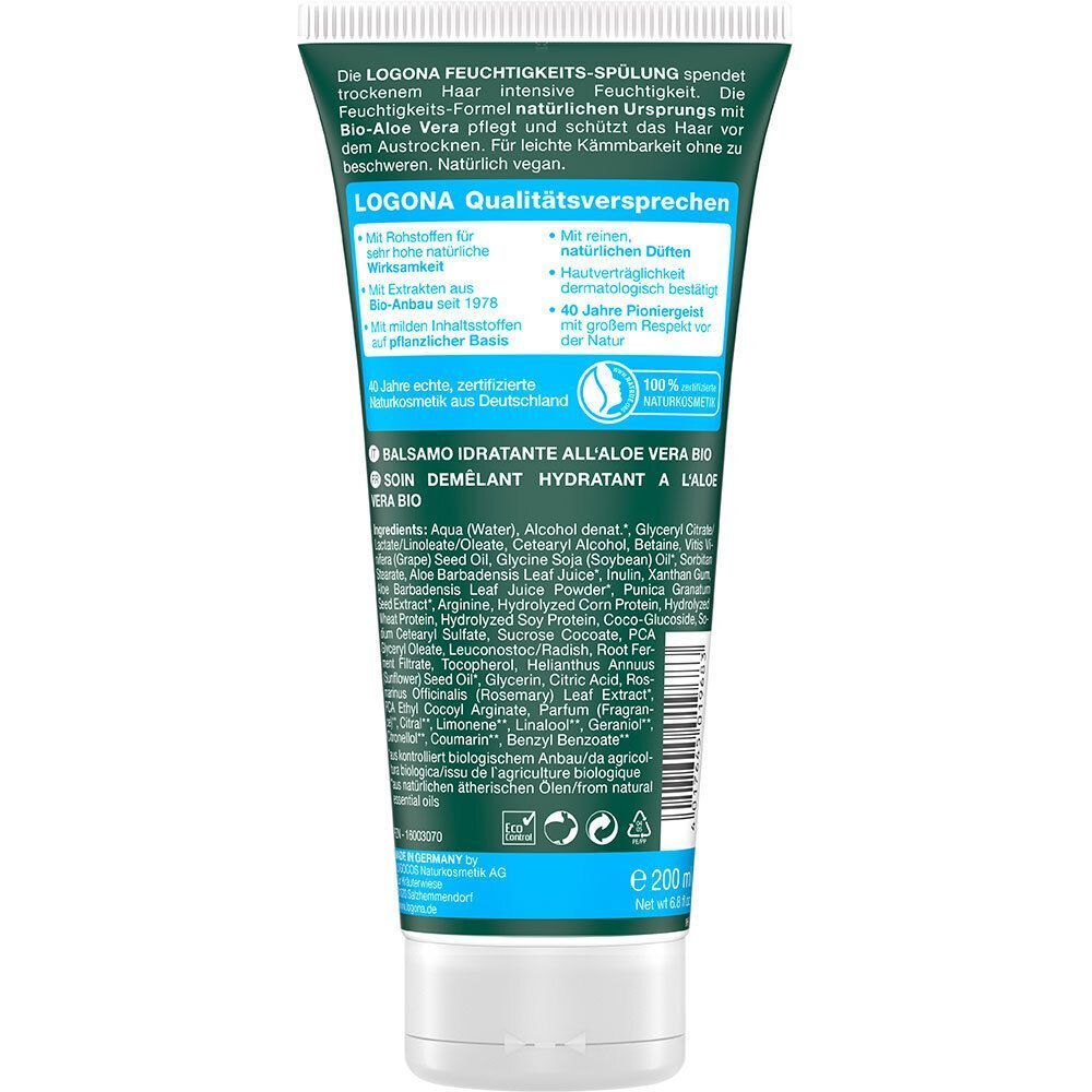 Rückseite einer Tube LOGONA Feuchtigkeitsspülung Bio-Aloe Vera mit Inhaltsstoffen und Siegeln.