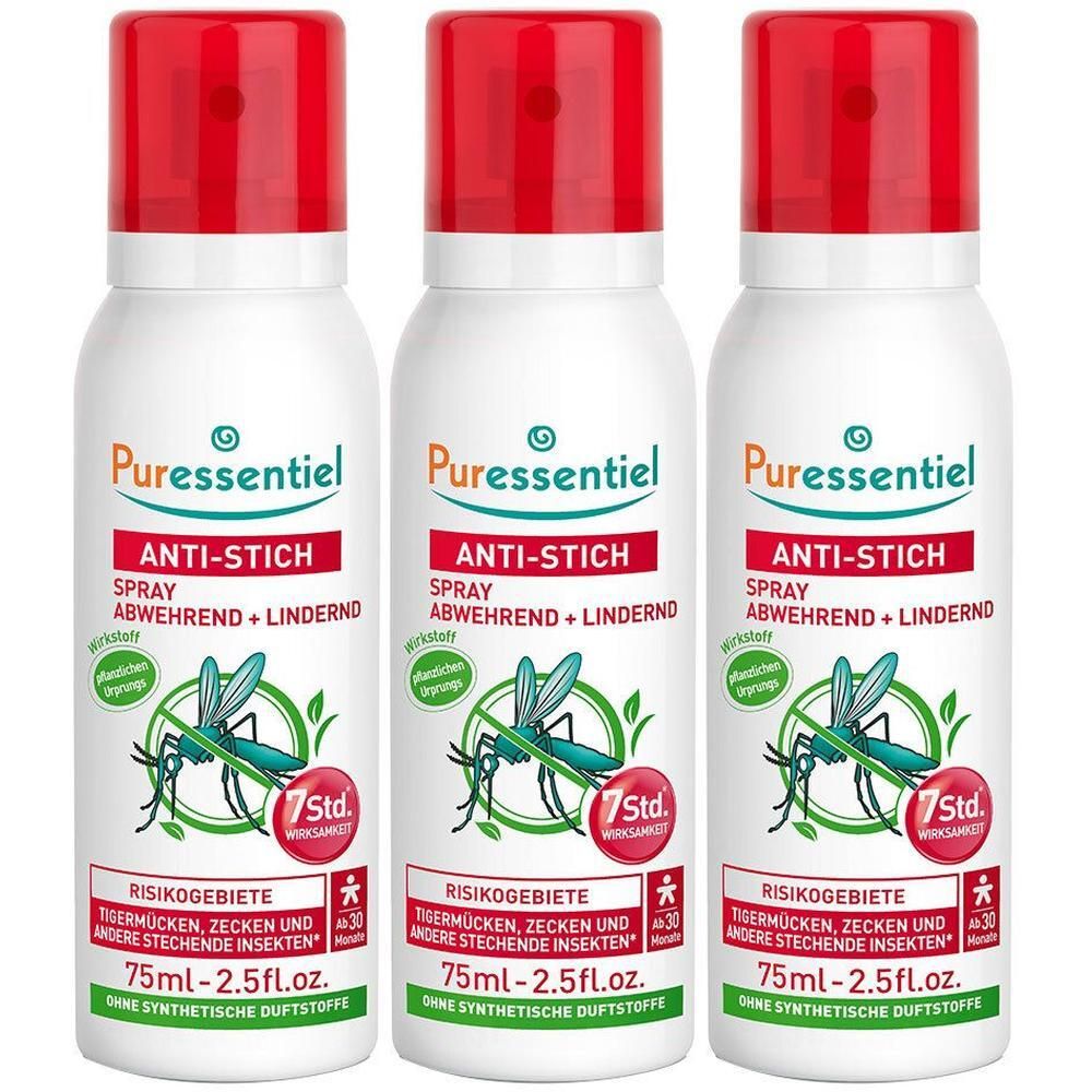 Drei Flaschen Puressentiel Anti-Stich Spray mit rotem Sprühkopf. 75ml.