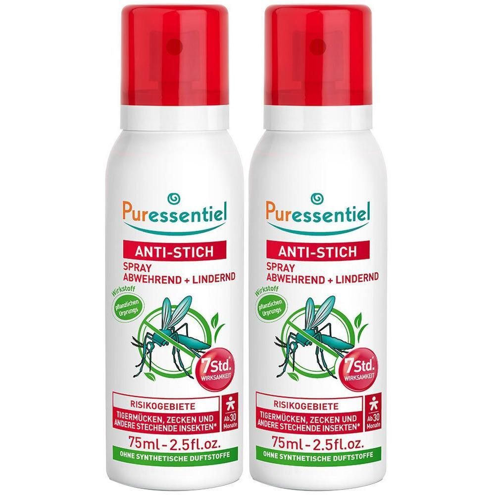 Zwei Puressentiel Anti-Stich Sprays mit roten Kappen. Abwehr + Linderung von Insektenstichen.