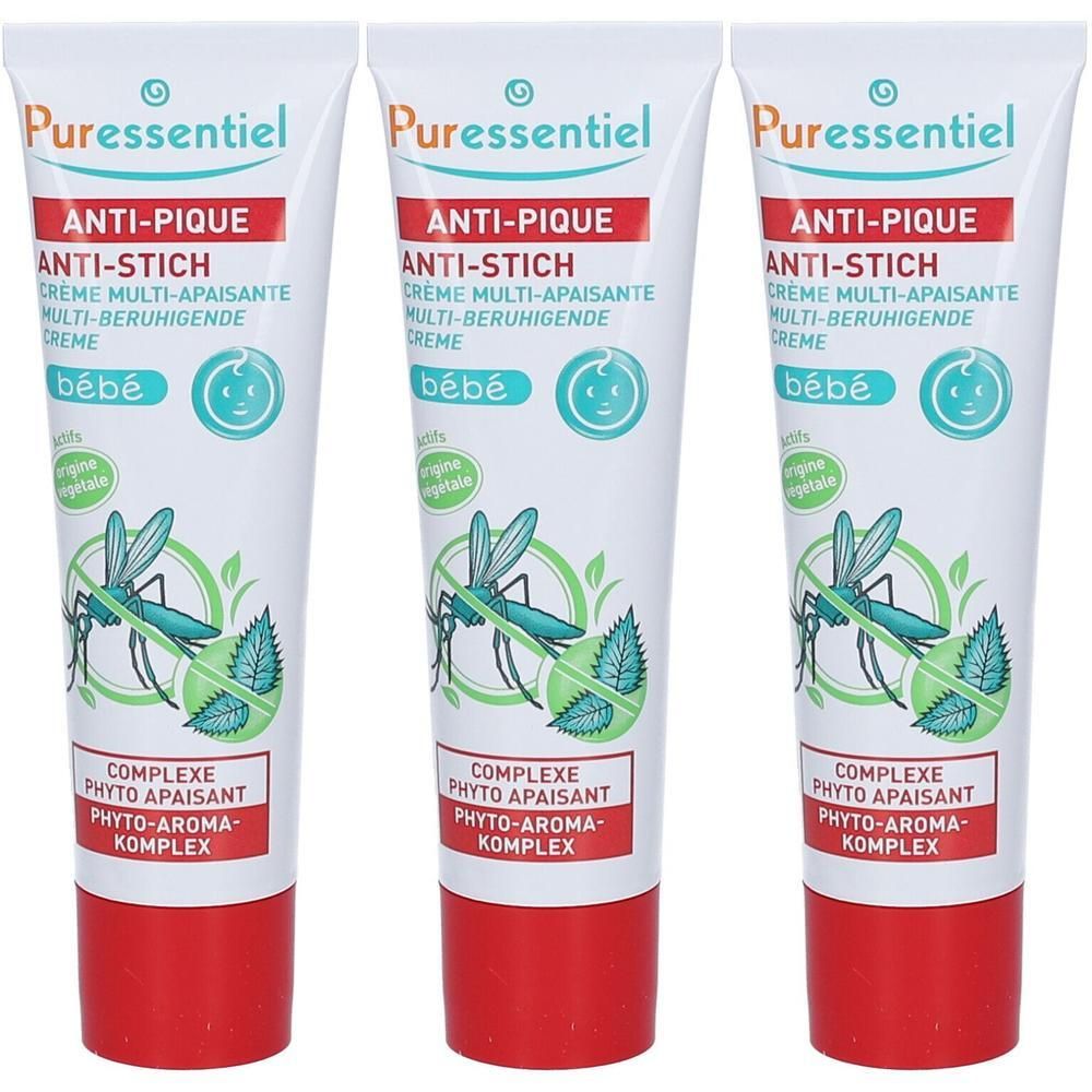 Drei Tuben Puressentiel Anti-Stich Creme für Babys mit Mücken- und Minzmotiv.