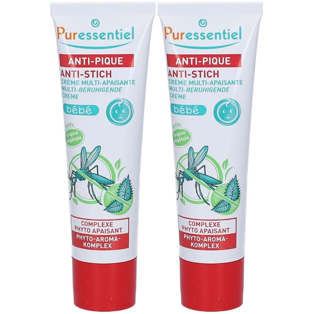 Zwei Tuben Puressentiel Anti-Stich Creme für Babys mit Mückensymbol und Kräutern.