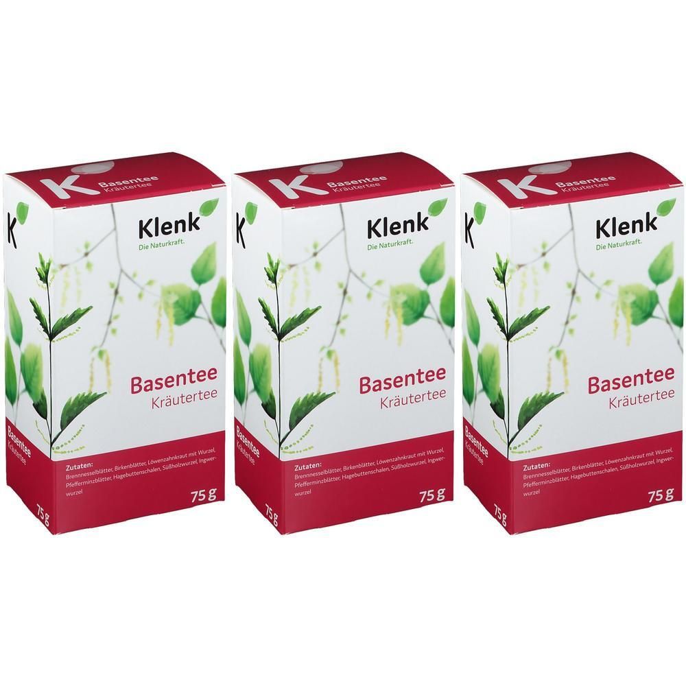 Drei Packungen Klenk Basentee Kräutertee mit je 75g. Die Packungen zeigen Blätter und Kätzchen.