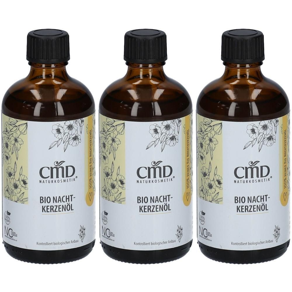Drei Flaschen CMD BIO NACHTKERZENÖL mit schwarzen Schraubverschlüssen und Etiketten mit Blumenmuster.