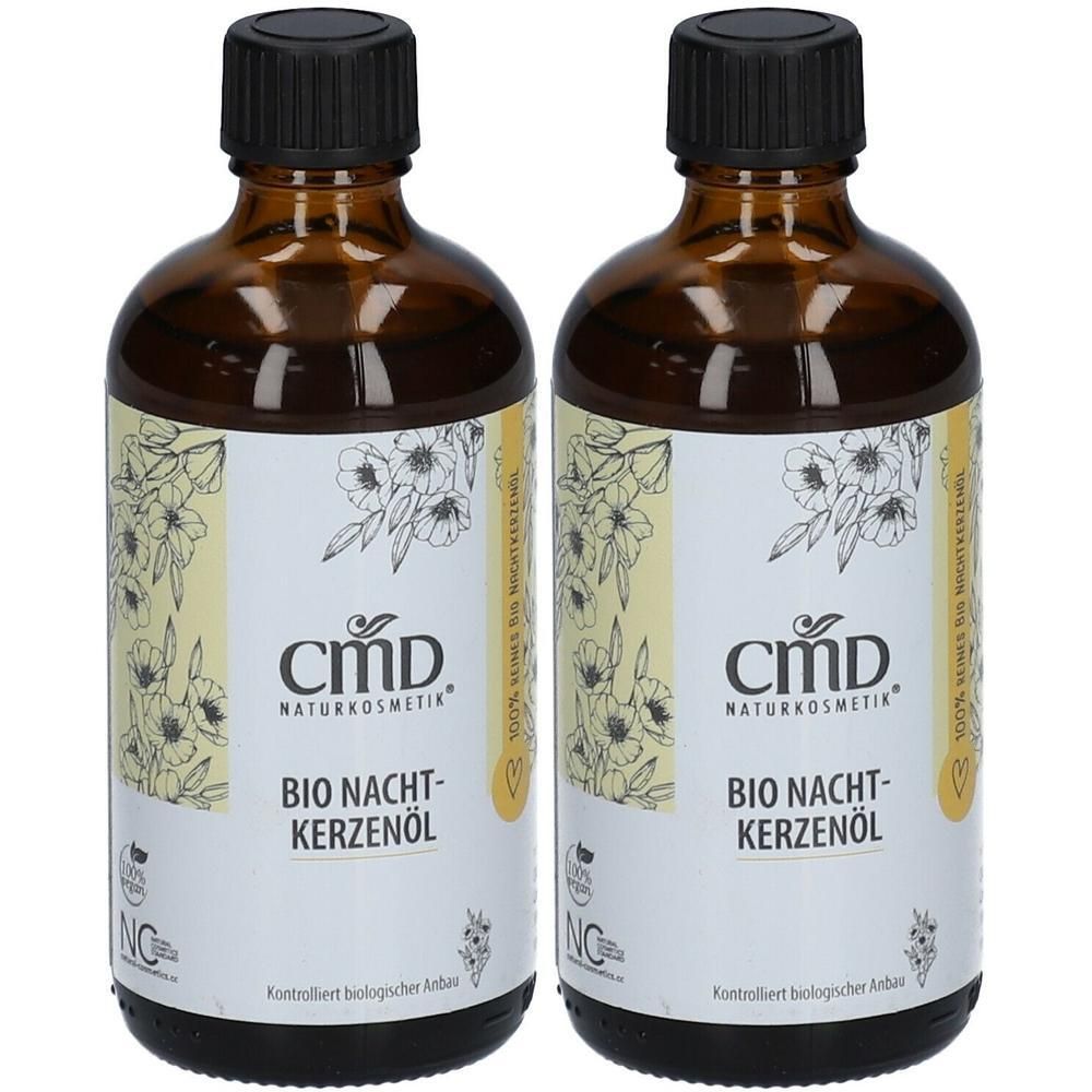 Zwei Flaschen CMD Naturkosmetik Bio Nachtkerzenöl mit schwarzen Schraubverschlüssen. Braune Glasflaschen mit weißen Etiketten und floralem Design.
