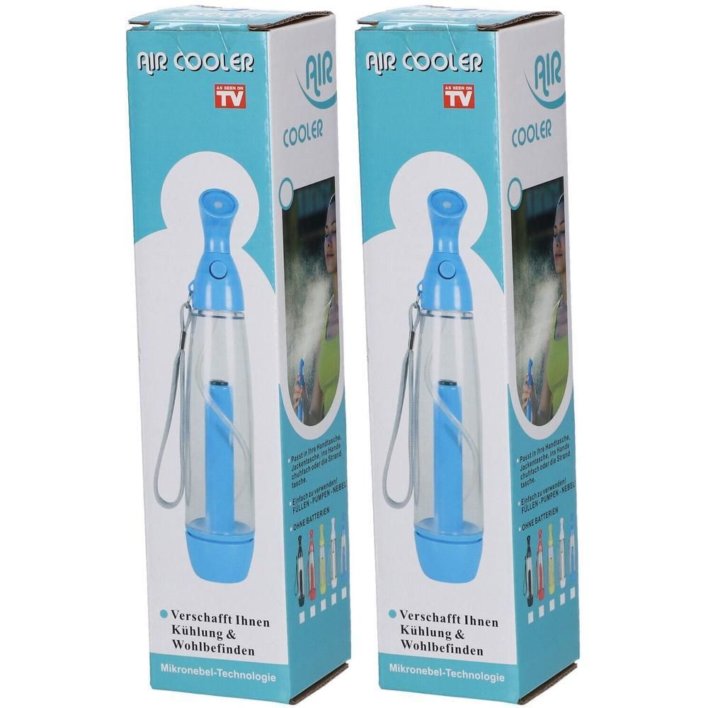 Zwei AIR COOLER in blauer und transparenter Verpackung mit Sprühfunktion.