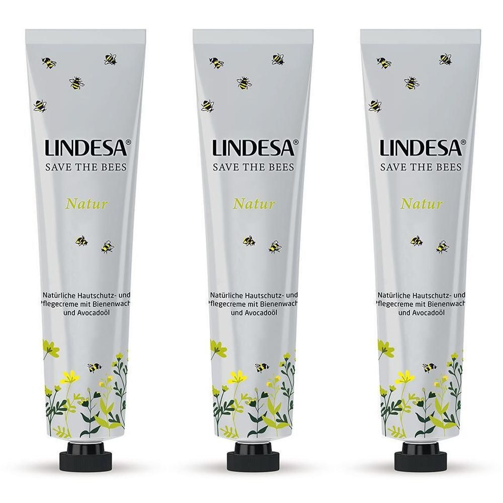 Drei Tuben LINDESA® Save the Bees Natur Handcreme mit Bienenwachs und Avocadoöl. Design mit Bienen und Blumen.