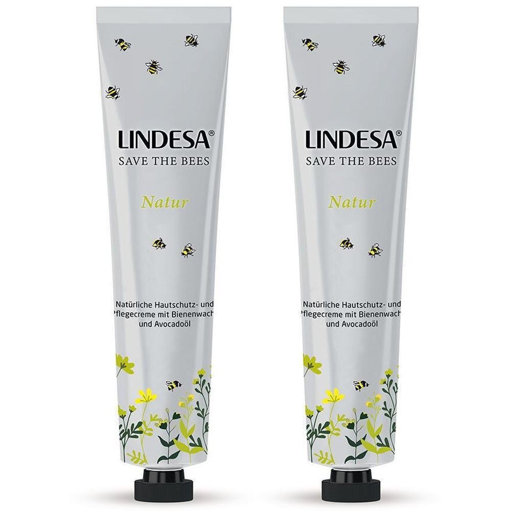 Zwei Tuben LINDESA® Save the Bees Natur Handcreme mit Bienenwachs und Avocadoöl. Dekoriert mit Bienen und gelben Blumen.