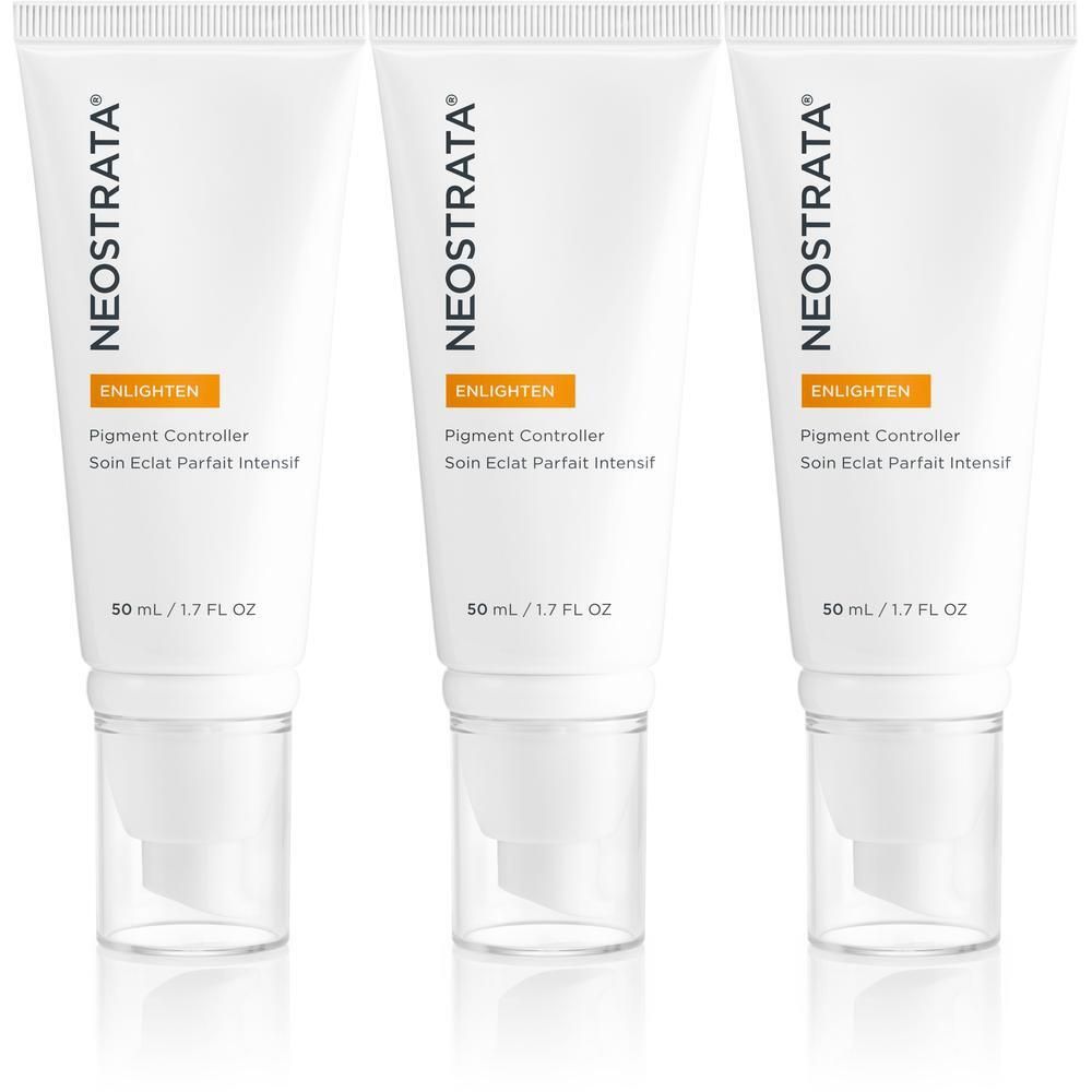 Drei weiße Tuben NeoStrata Enlighten Pigment Controller mit Pumpspendern. 50 ml / 1,7 FL OZ.
