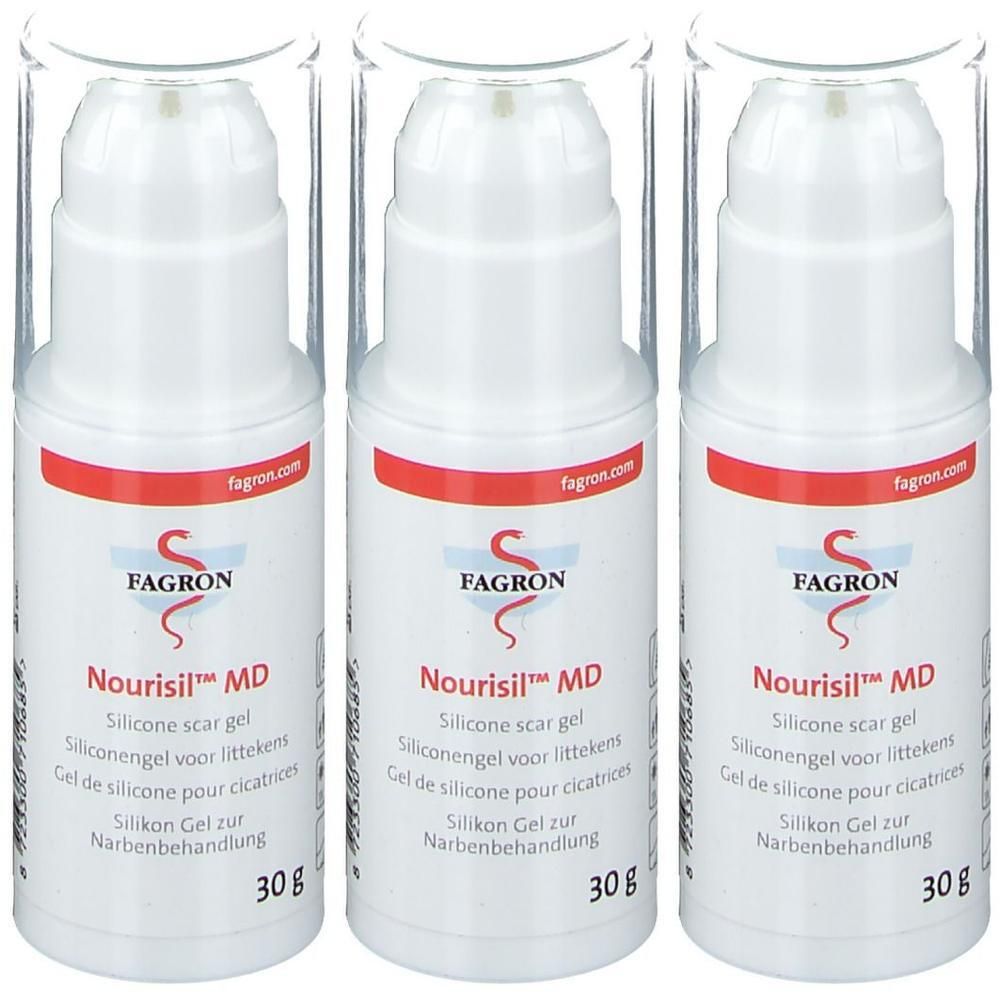 Drei Flaschen Fagron Nourisil MD Silikongel zur Narbenbehandlung, je 30g.