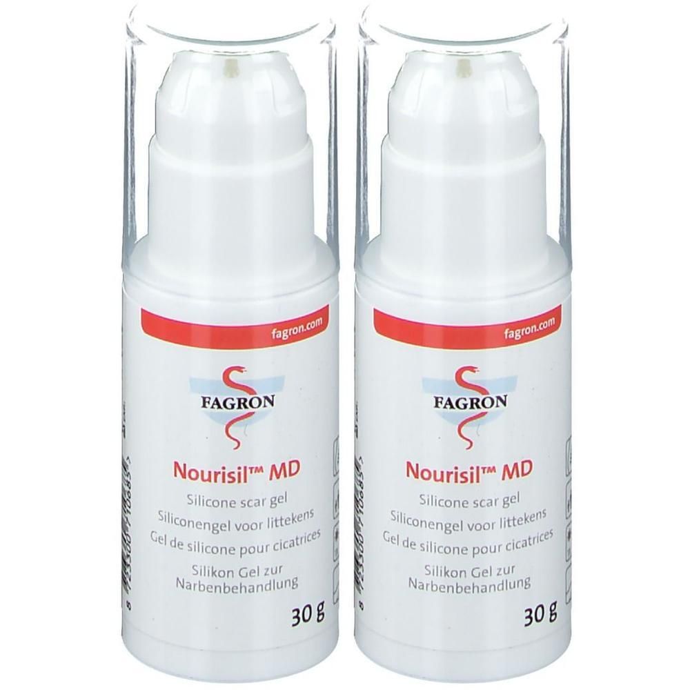 Zwei Flaschen Fagron Nourisil MD Silikongel zur Narbenbehandlung, je 30g.