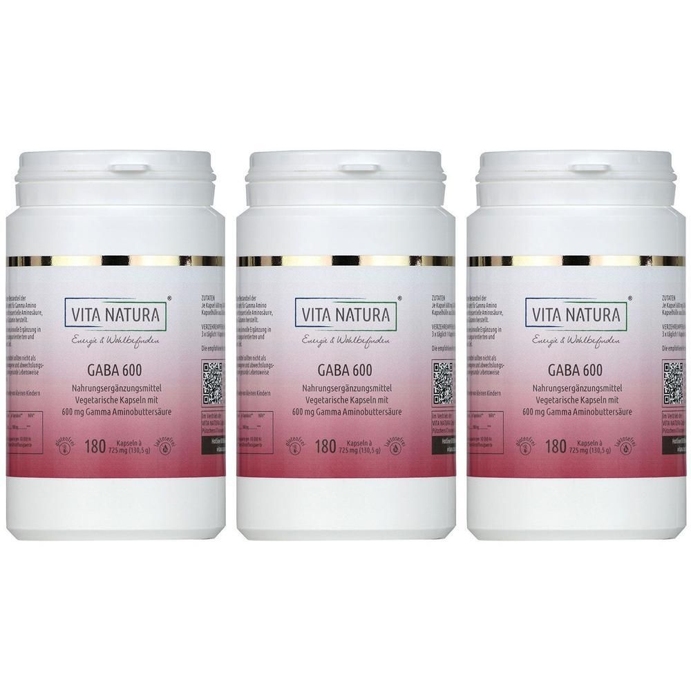 Drei Dosen Vita Natura GABA 600, vegetarische Kapseln mit 600 mg Gamma-Aminobuttersäure.