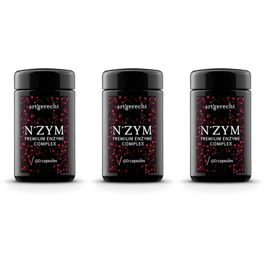 Drei schwarze Behälter mit dem Etikett 'artgerecht N´ZYM PREMIUM ENZYME COMPLEX 60 capsules'.