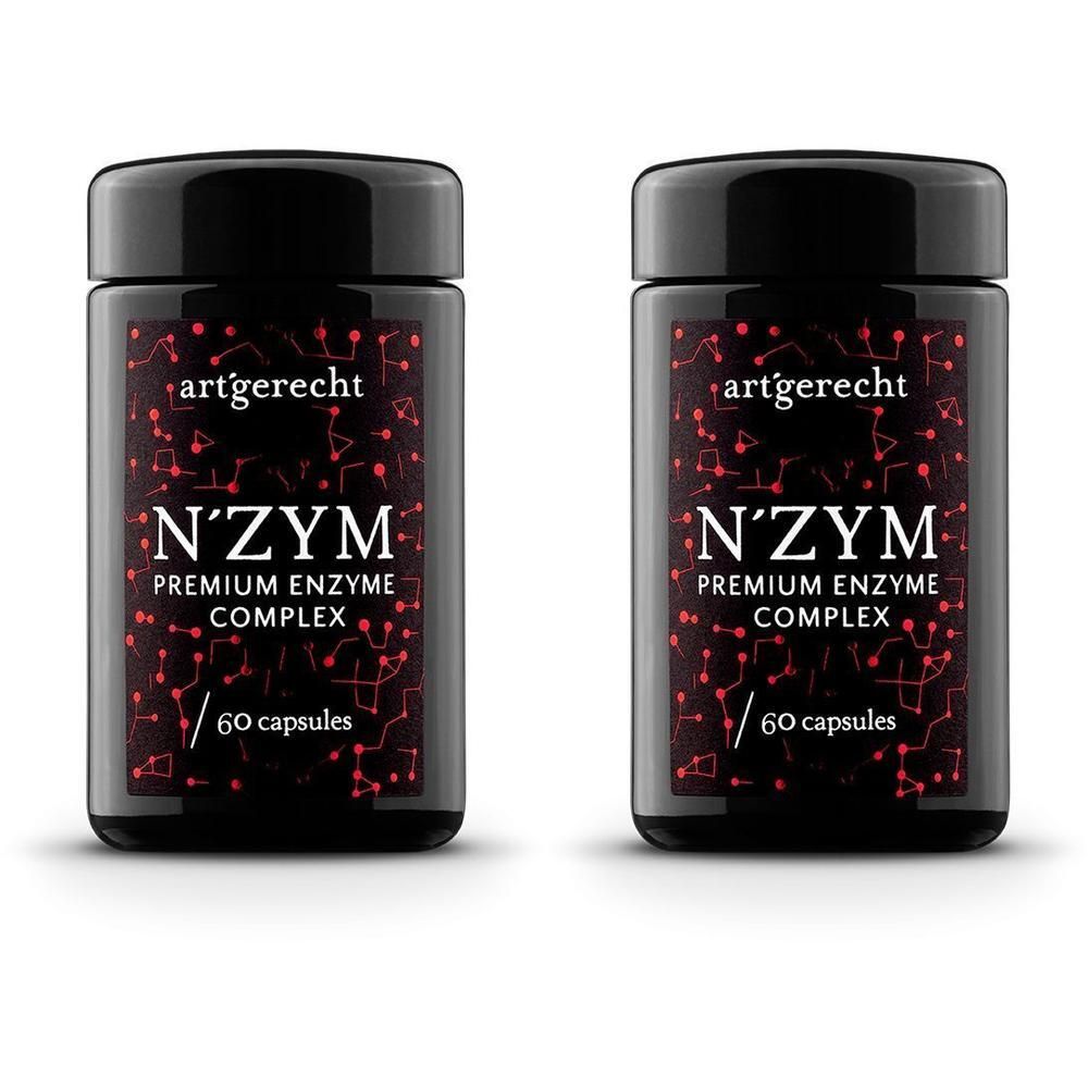 Zwei schwarze Behälter mit artgerecht N´ZYM Premium Enzyme Complex, 60 Kapseln.